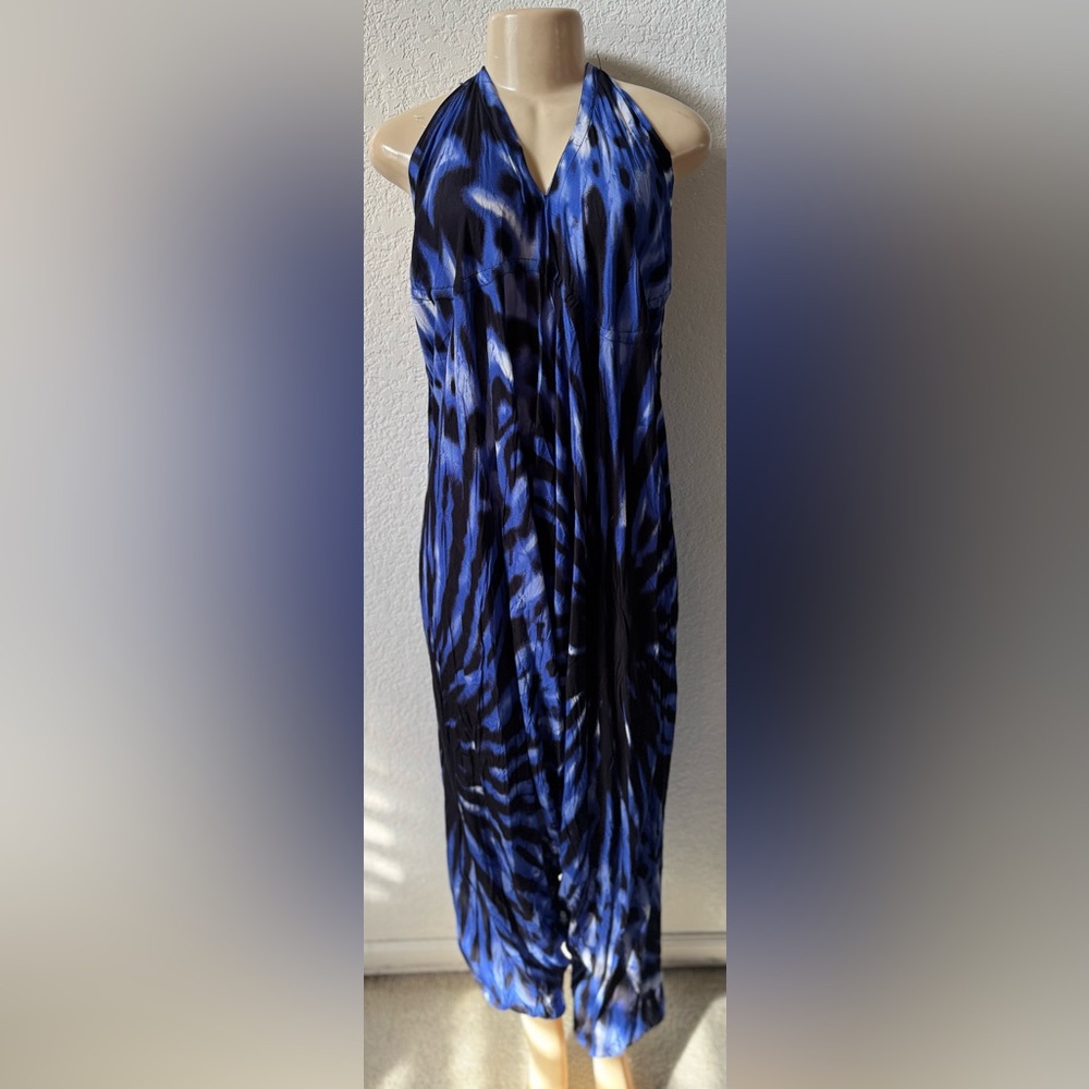 Blue Patterned Halter Dress maxi long casual fit and flare beach sexy chic style